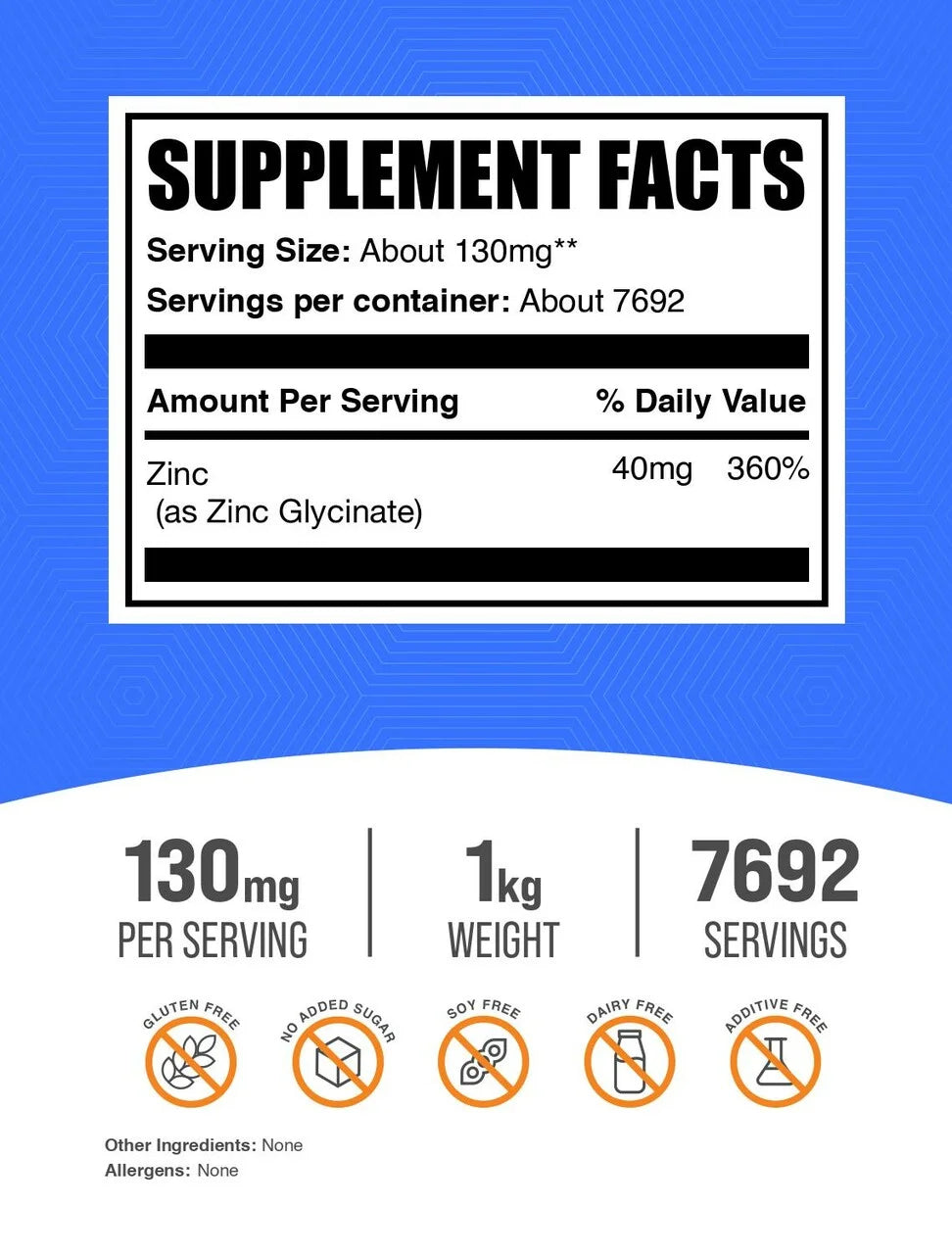 Bulksupplements Zinc Glycinate Powder - Gluten Free, 130Mg per Serving - 1 Kilogram (2.2 Lbs) - 7692 Servings