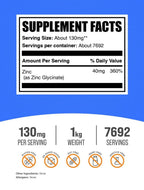Bulksupplements Zinc Glycinate Powder - Gluten Free, 130Mg per Serving - 1 Kilogram (2.2 Lbs) - 7692 Servings