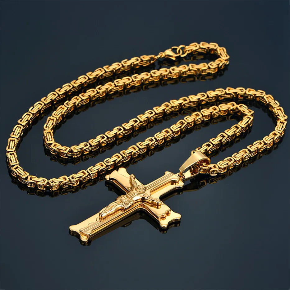 Fashion Byzantine Chain,Christ Cross Stainless Steel Long Necklace for Men Gold Color Statement Necklace Jewelry Collares Largos