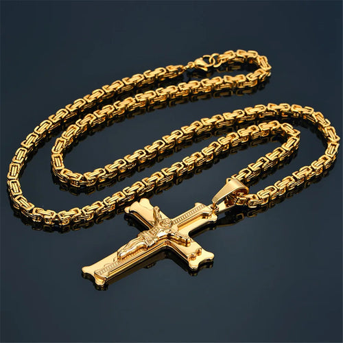Fashion Byzantine Chain,Christ Cross Stainless Steel Long Necklace for Men Gold Color Statement Necklace Jewelry Collares Largos