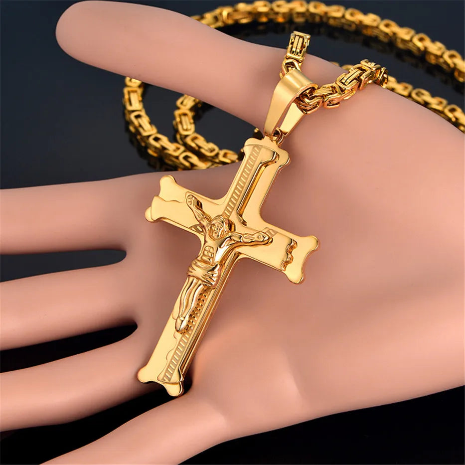 Fashion Byzantine Chain,Christ Cross Stainless Steel Long Necklace for Men Gold Color Statement Necklace Jewelry Collares Largos
