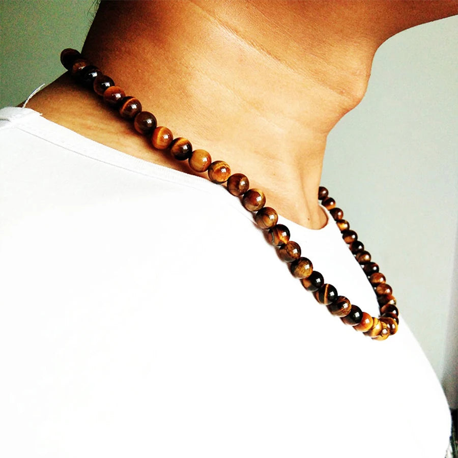 Fashion Vintage Men Jewelry Beaded Choker Nature Tiger Eye Stone Beads Collares Chain Necklace Men 6Mm 8Mm Strand Necklace Kolye