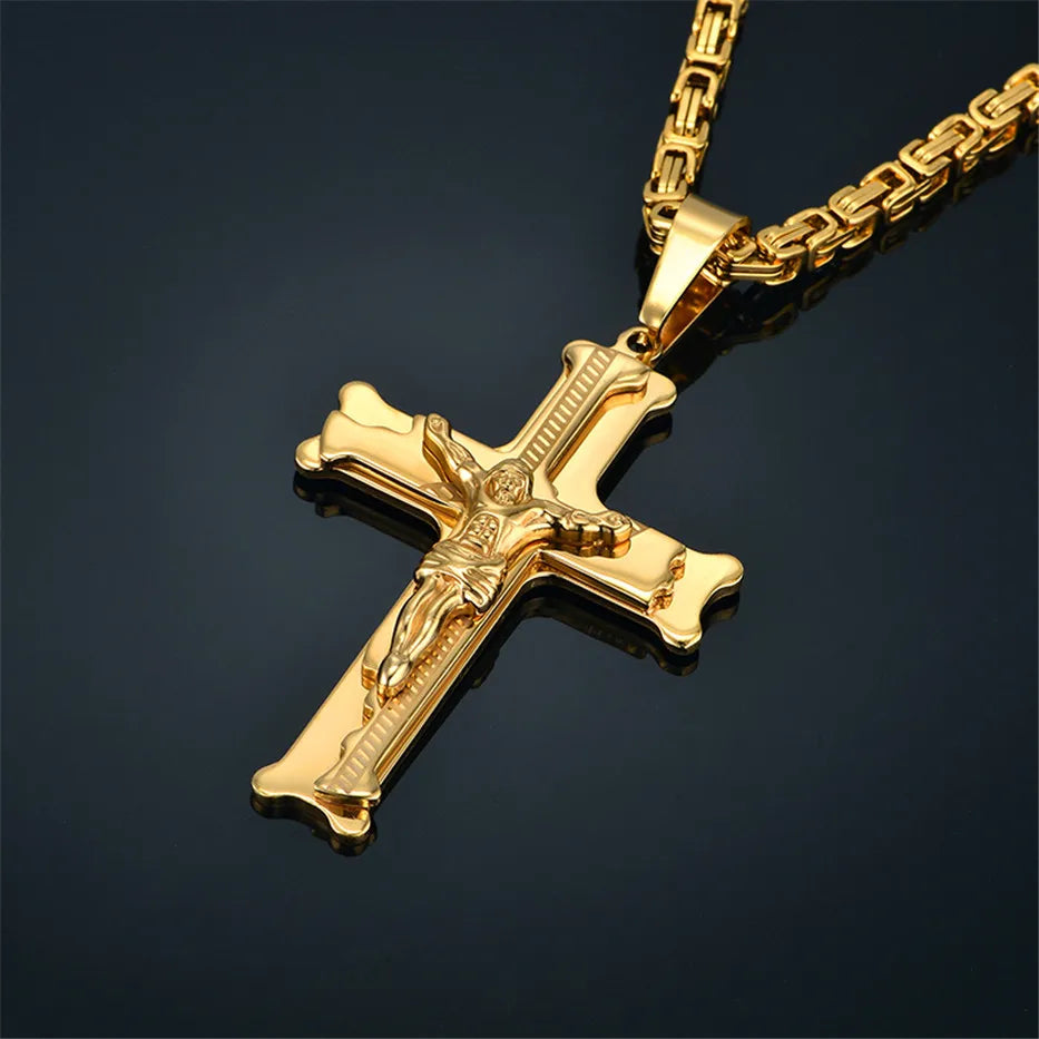 Fashion Byzantine Chain,Christ Cross Stainless Steel Long Necklace for Men Gold Color Statement Necklace Jewelry Collares Largos