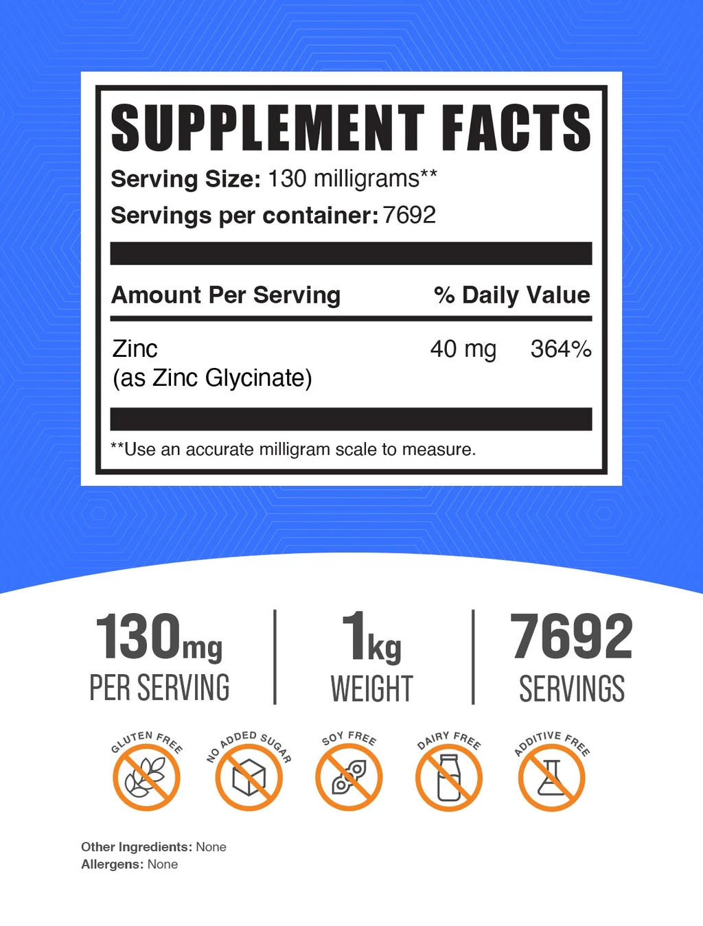 Bulksupplements Zinc Glycinate Powder - Gluten Free, 130Mg per Serving - 1 Kilogram (2.2 Lbs) - 7692 Servings