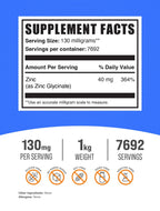 Bulksupplements Zinc Glycinate Powder - Gluten Free, 130Mg per Serving - 1 Kilogram (2.2 Lbs) - 7692 Servings