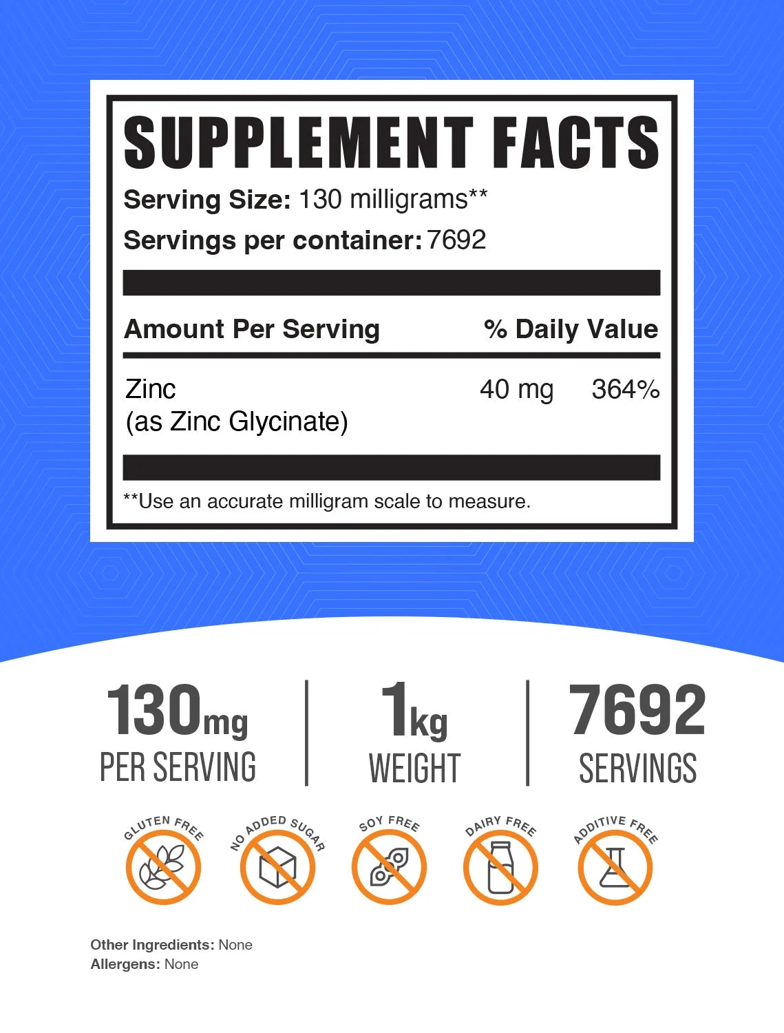 Bulksupplements Zinc Glycinate Powder - Gluten Free, 130Mg per Serving - 1 Kilogram (2.2 Lbs) - 7692 Servings