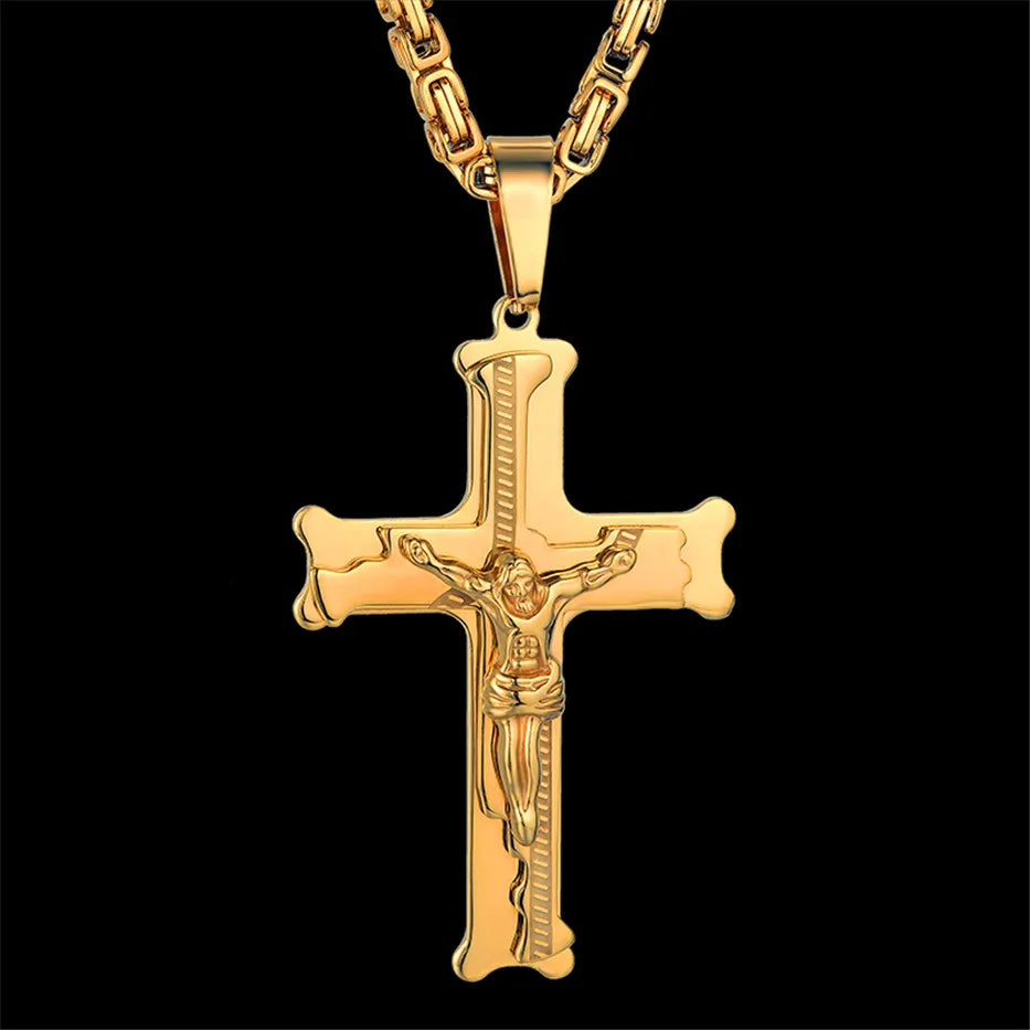 Fashion Byzantine Chain,Christ Cross Stainless Steel Long Necklace for Men Gold Color Statement Necklace Jewelry Collares Largos