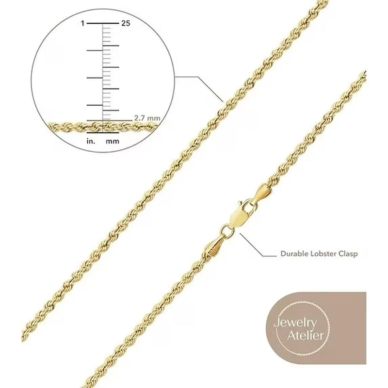 Gold Chain Necklace Collection - 14K Solid Yellow Gold Filled Rope Chain Necklaces for Women and Men with Different Sizes (2.1Mm, 2.7Mm, or 3.8Mm)