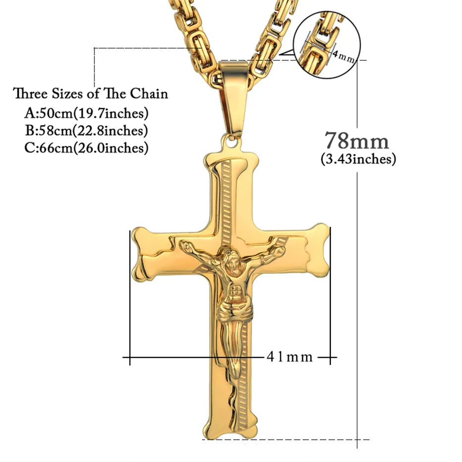 Fashion Byzantine Chain,Christ Cross Stainless Steel Long Necklace for Men Gold Color Statement Necklace Jewelry Collares Largos